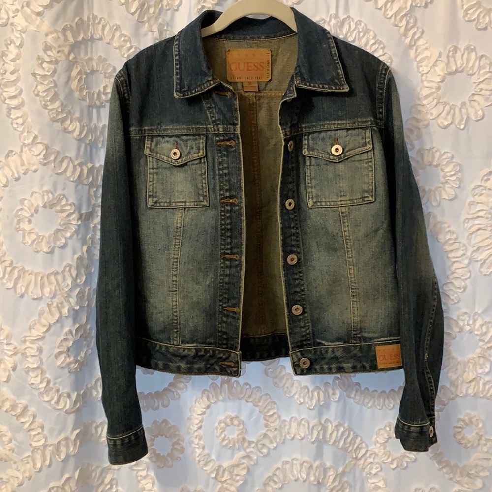 Guess Vintage Distressed Classic Dark Denim Fade Trucker Jacket Medium - Picture 4 of 9